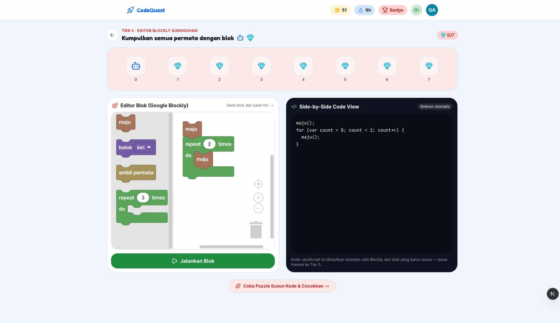 Tingkat 2 — Blok Blockly & Kode Berdampingan