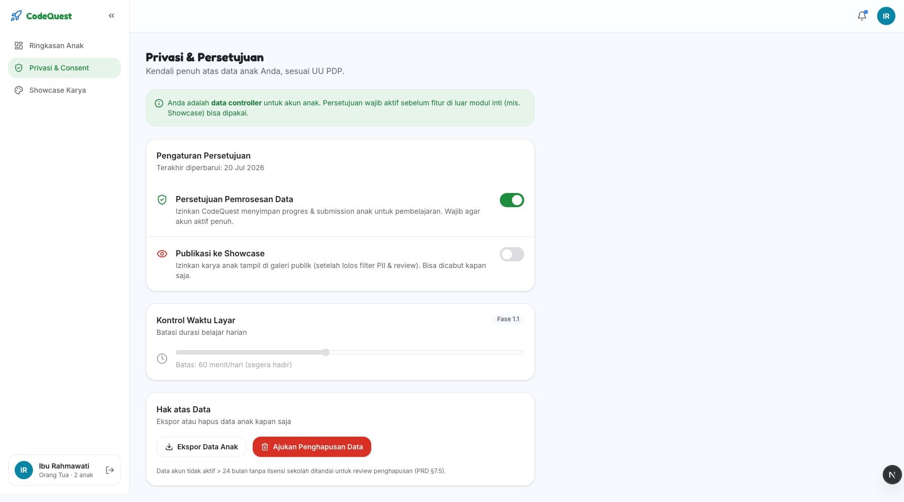 Kontrol Privasi & Persetujuan (UU PDP)